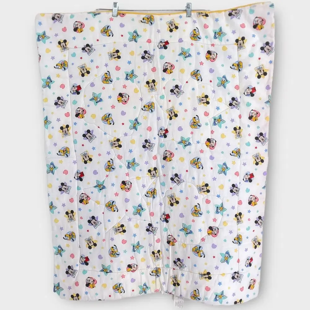 Vtg Disney Babies Quilt Mickey Minnie Stars Hearts Shapes Nursery Baby Blanket